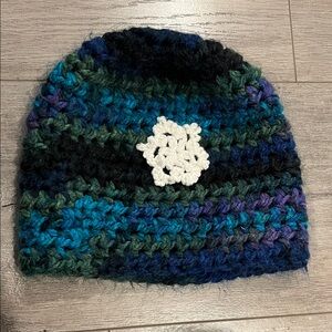 Handmade Blue and Green Crochet Beanie with White flower / snowflake